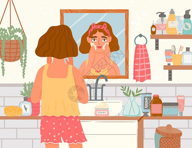 浴室的女人女在卫生间使用奶油女在卫生间使用有机态化妆品的面部皮肤护理女在镜子中看日常的美容护理趋势矢量概念女在镜子中看日常的美容护理趋势矢插画