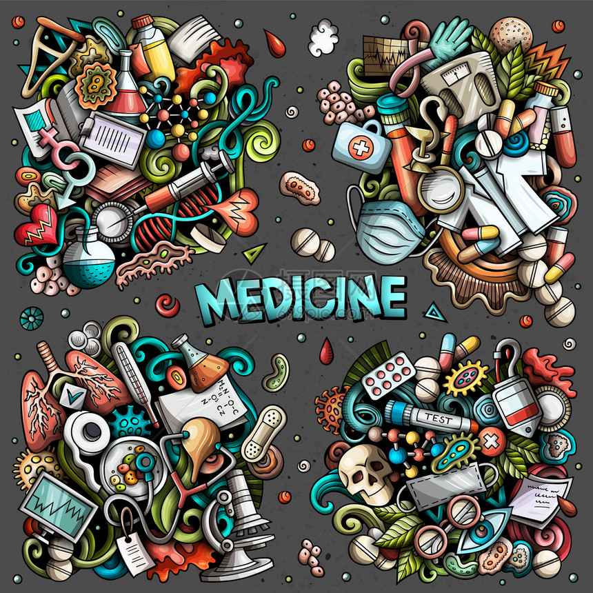 药用卡通图案设计集包含许多医疗物品和符号的多种详细成分所有物品都是分开的药用卡通图案设计集图片