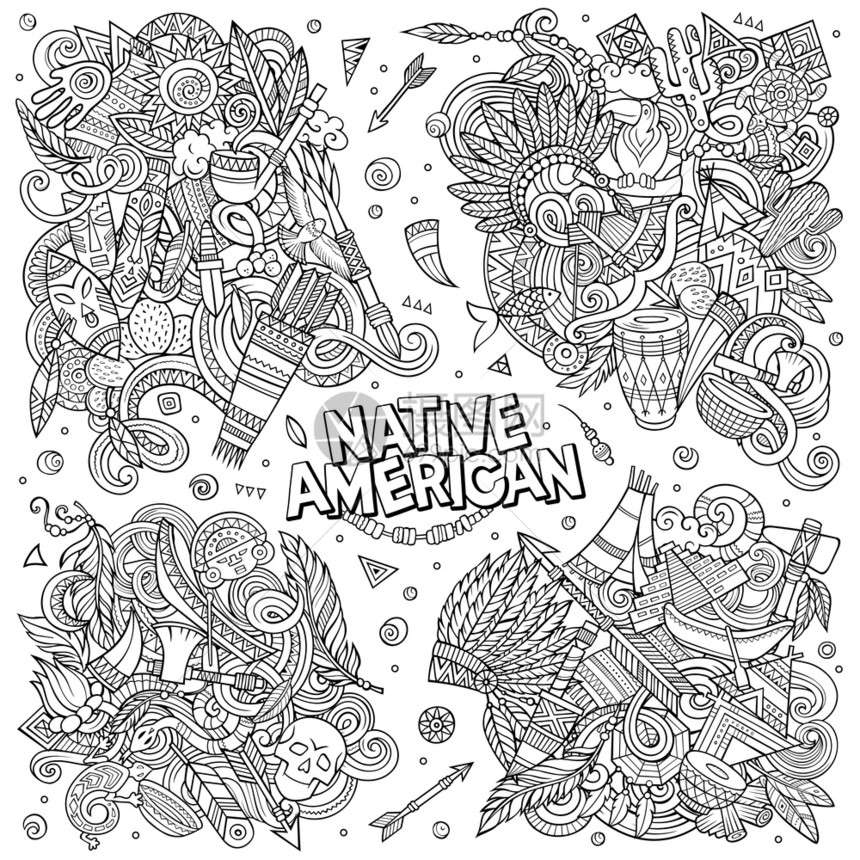 美国土著卡通矢量涂鸦设计置线条艺术详细描述含有许多种族物品和符号的构成所有物品都是分开的美洲土著卡通矢量涂鸦设计置图片