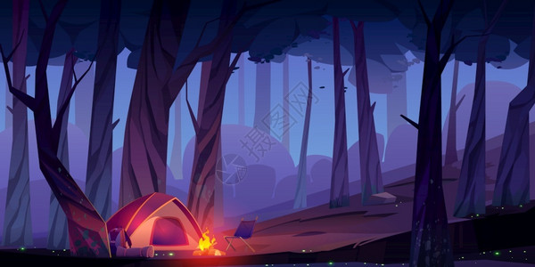夜间有营火和帐篷的夏令营插画图片