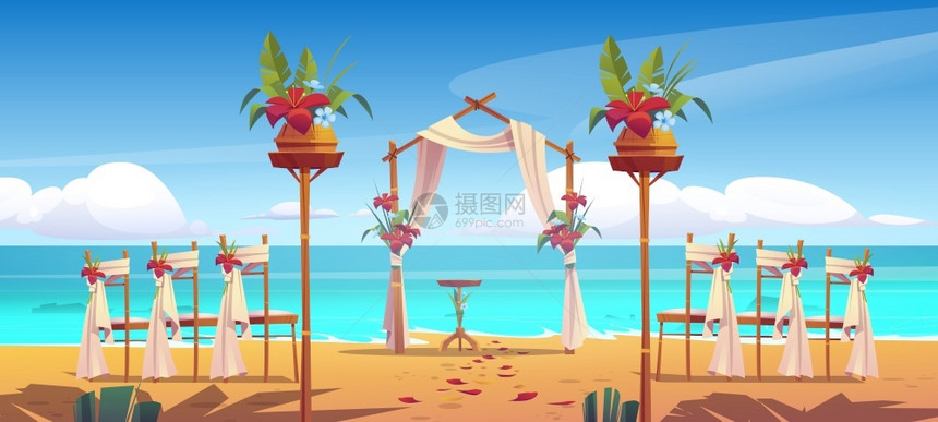 海边的滩婚礼拱门和装饰弗洛拉尔拱门和椅子站在沙滩上有散落的花瓣门上有鲜供结婚仪式使用卡通矢量图海滩的婚礼拱门和海边的装饰图片