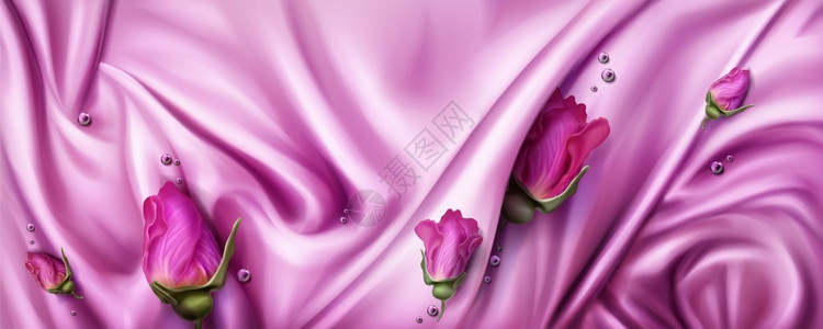紫色窗帘丝绸粉色丝绸布和玫瑰花草背景摘要光亮的布和波浪暴风雨的纹理矢量现实的壁纸奢侈纺织鲜花和光滑的珠子粉色丝布和玫瑰花草的背景粉色丝织布和插画