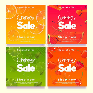 水果销售夏季销售海报模板用于促销和广告的矢量平方海报配有水果切片西瓜橙草莓和樱桃的卡通插图插画