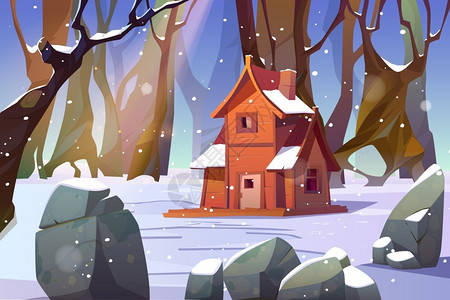 宜居冬季森林中的木屋旧雪扫荡的棚屋深木丛中的棚屋周围环绕着树木岩石和落下的雪花无人居住的前屋Pc游戏背景卡通矢量图旧木屋插画