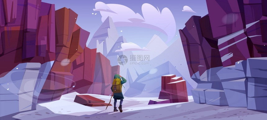 冬季山区旅行者冒险插画图片