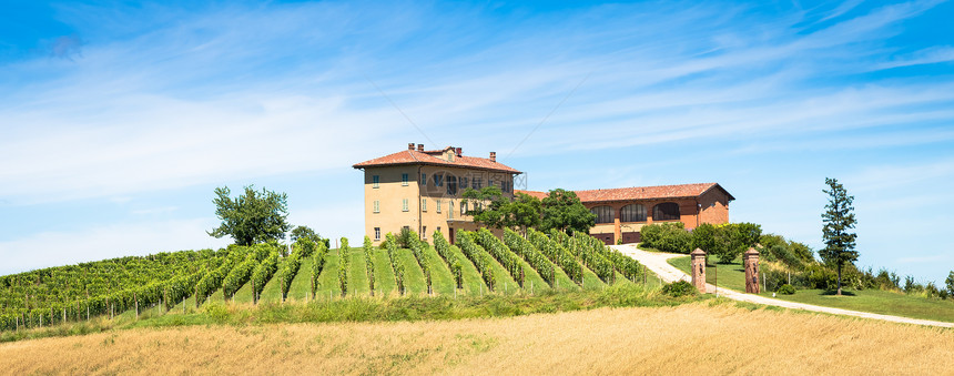 ASTIITALYCIRCAAUGUST20意大利的皮埃蒙特山Monferrato地区夏季的景色乡村与葡萄园田美丽的蓝天背景图片