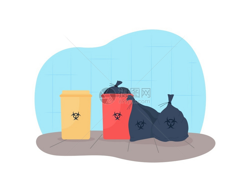 彩色放置污染物的垃圾桶卡通矢量插画图片