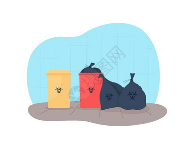 彩色放置污染物的垃圾桶卡通矢量插画背景图片