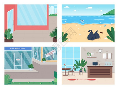 隔离平板彩色矢量插图热带岛屿海滩上的垃圾由于而关闭的商店锁定2D卡通城市景色以背为的封闭企业插画