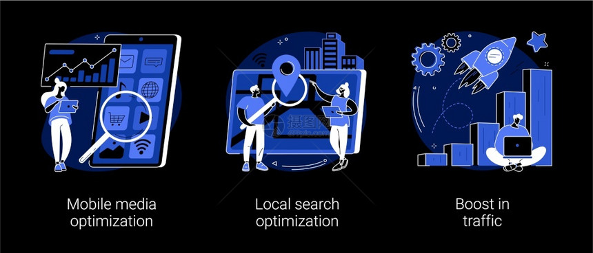 SEO战略抽象概念矢量图解移动媒体优化本地搜索推动交通搜索引擎定位商业数字促进游客增长暗模式隐喻SEO战略抽象概念矢量图解图片