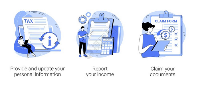 工作收入提供和更新个人信息报告收入索赔文件税收抵免和开支财务报告抽象比喻插画