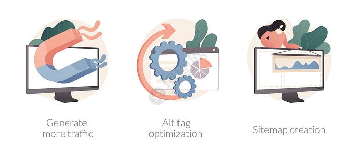 健身导航页面SEO在线服务抽象概念矢量插图集生成更多的流量自动标记优化站点图创建页面导航搜索引擎营销研究抽象隐喻SEO在线服务抽象概念矢量插背景
