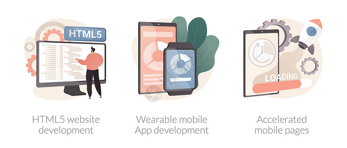 前端开发素材软件和前端开发抽象概念矢量说明集HTML5网站开发可穿戴的移动应用程序加速移动网页反应着陆设计抽象隐喻软件和前端开发抽象概念矢量背景