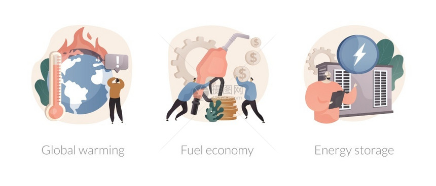世界气候影响抽象概念矢量说明集全球变暖燃料经济能源储存温室效应生态友好型发动机太阳能电池板风力涡轮机抽象隐喻世界气候影响抽象概念图片