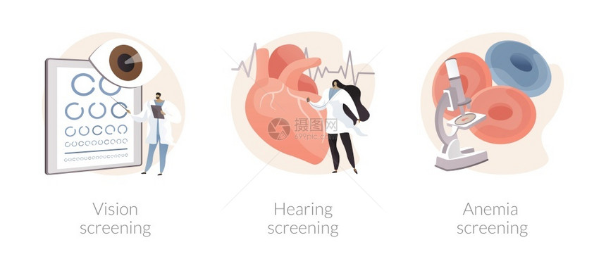 儿科检查抽象概念矢量说明集视力和听觉检查贫血视力测试耳部问题缺铁实验室测试残疾诊断抽象隐喻残疾诊断抽象概念矢量说明集儿科检查抽象图片