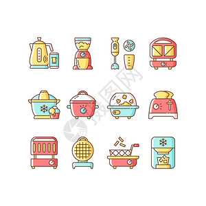 电陶炉小型厨房用具RGB颜色图标集智能茶壶咖啡研磨机混合搅拌桑威奇爆米花制造机冰淇淋慢烧炉陶斯特孤立的矢量插图插画