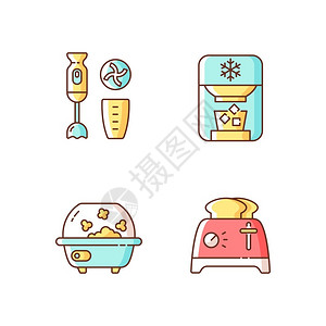 冰粉凉糕家用电器RGB彩色图标集成Immersion搅拌机冰粉爆米花准备面包切片的Toaster烹饪电子技术孤立的矢量插图插画
