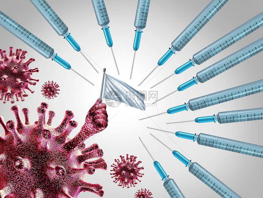 将这场疾病斗争和毒疫苗或流感和冠状医学战打赢作为传染病原体细胞向科学药物投降作为用3D插图元素研究治愈方法的保健比喻图片