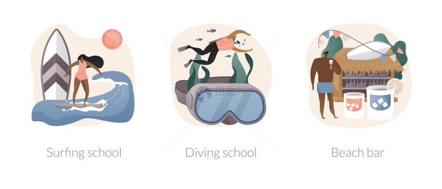 冲浪学校潜水海滩酒吧冲浪板和泳衣租赁矢量插图图片