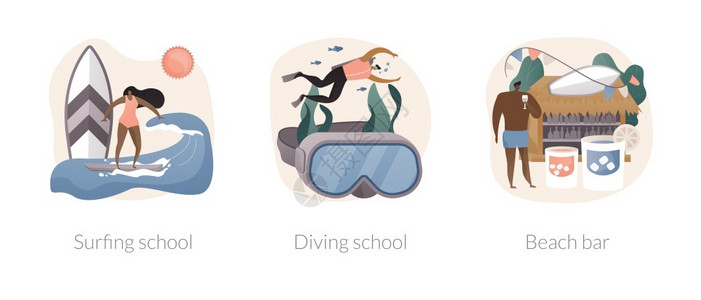 冲浪学校潜水海滩酒吧冲浪板和泳衣租赁矢量插图图片