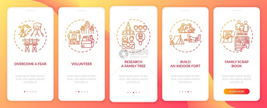 随身携带概念的移动应用程序页面屏幕上的家庭连接提示为儿童建造一个室内堡垒通过五步图形指示配有RGB颜色插图的UI矢量模板随身携带图片