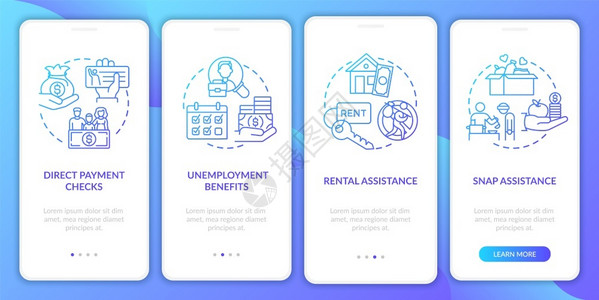 一揽子计划援助在带有概念的移动应用程序页面屏幕上登救济一揽子计划福利通过4步图示指UI矢量模板配有RGB彩色插图SN插画