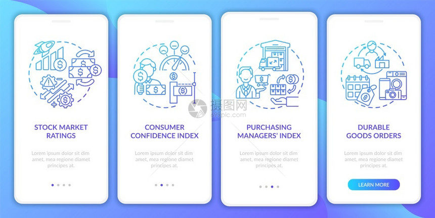 具有概念的移动应用程序页面屏幕上股票市场评级经济复苏指标通过4步图形说明配有RGB颜色插图的UI矢量模板配有概念的移动应用程序页图片