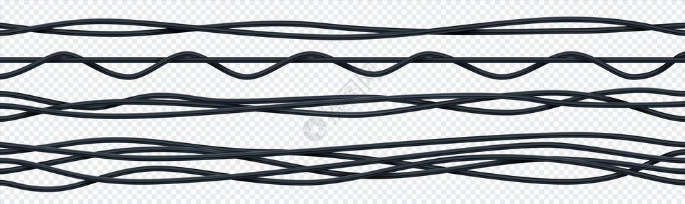 同轴现实电子缆3D无缝的柔软电动铜线黑色绳索在透明背景上相互交织矢量工业电力设备组装现实电子缆组装3D无缝电动铜线组装黑色绳索透明背插画