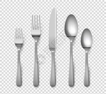 现实餐具3D金属叉刀或勺子3D金属条块或刀勺子用于以透明背景设置桌面的单金属条光滑物体银餐具的顶部视图银器的顶部视图由不锈钢制成插画