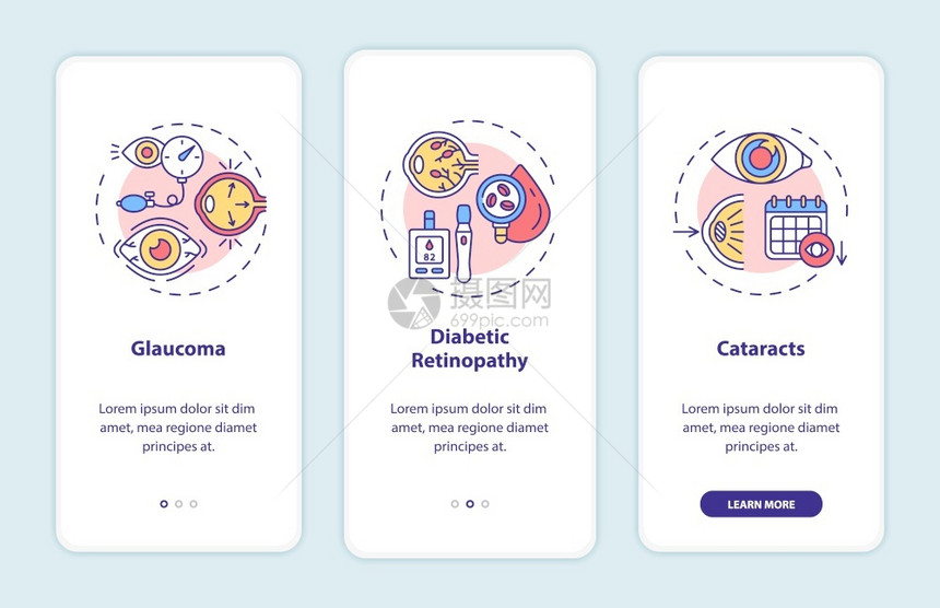 带概念的移动应用程序页面屏幕上的成人眼睛疾病GlaucomaCurningprocess横穿三步图形指示配有RGB颜色插图的UI图片