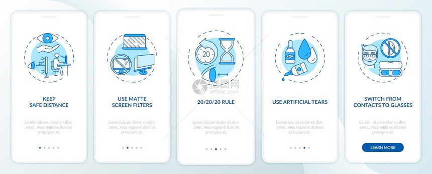 带有概念的移动应用程序页面屏幕上的数字眼力预防提示使用Matte屏幕过滤器通5步图形指示配有RGB颜色插图的UI矢量模板带有概念图片