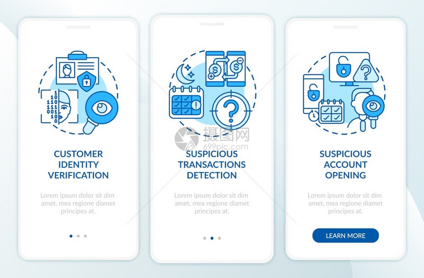 使用带有概念的移动应用程序页面屏幕上安装银行全措施保护金融信息通过三步图示指带有RGB彩色插图的UI矢量模板图片