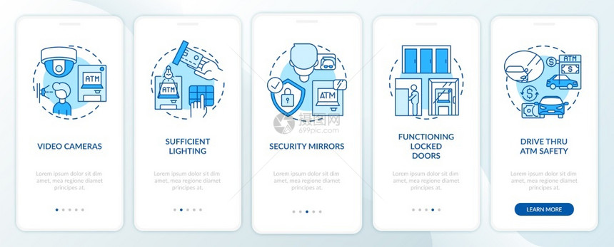 ATM自动取款机安全提示装有概念的移动应用程序页面屏幕上安全周围和监视摄像机走过5步图形指示带有RGB颜色插图的UI矢量模板AT图片