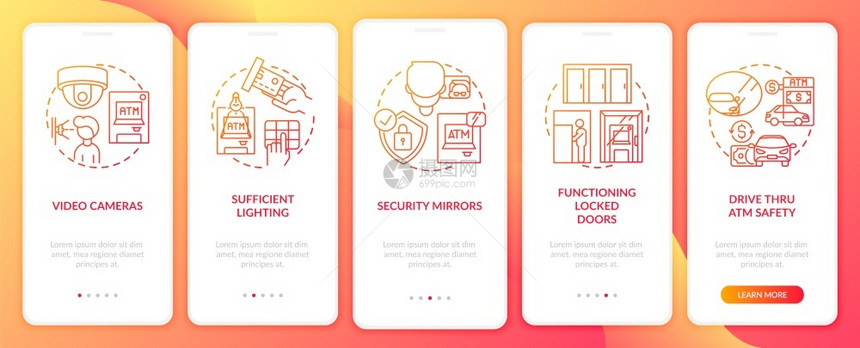 ATM自动取款机安全提示装有概念的移动应用程序页面屏幕上安全周围和监视摄像机走过5步图形指示带有RGB颜色插图的UI矢量模板AT图片