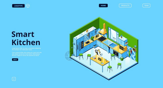 家具轮播页智能厨房有的等量着陆页空室内有iot电器和家具有用技术的互联网有智能用品的舒适餐厅三维矢量线的网络横幅插画