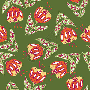 小曲含有红鲜花元素的抽象植物无缝涂鸦图案绿色橄榄背景随机打印用于织物设计纺品印刷包装封面矢量插图随机打印插画