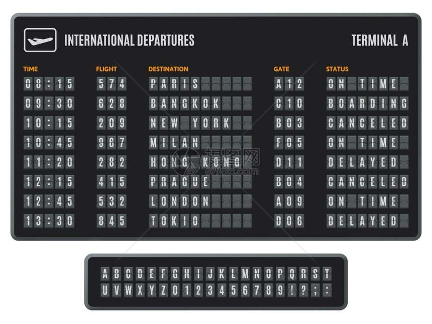 机场翻转板切换信息计分板翻转抵达分板翻转机场信息显示矢量图集国际航班时间目的地状态图片