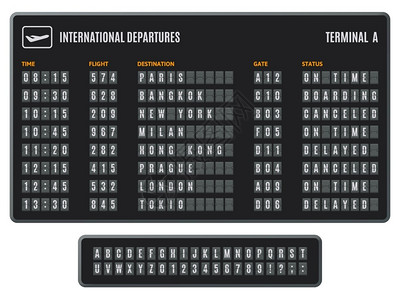 机场翻转板切换信息计分板翻转抵达分板翻转机场信息显示矢量图集国际航班时间目的地状态插画