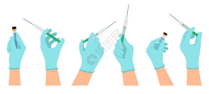 手套手医疗疫苗接种生手握注射器和疫苗瓶注射针头科罗纳或流感疫苗接种病媒插图集感染免疫和治疗医苗接种生手握注射器和疫苗瓶接种针头科罗纳或插画