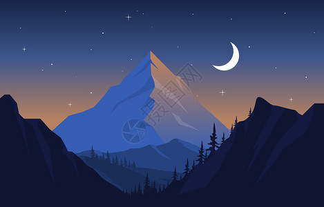 新月形小山美丽的松林山全景观插画