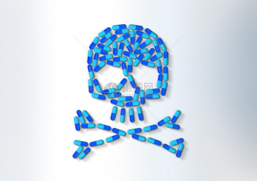 3D图解蓝色胶囊药丸白背景图片