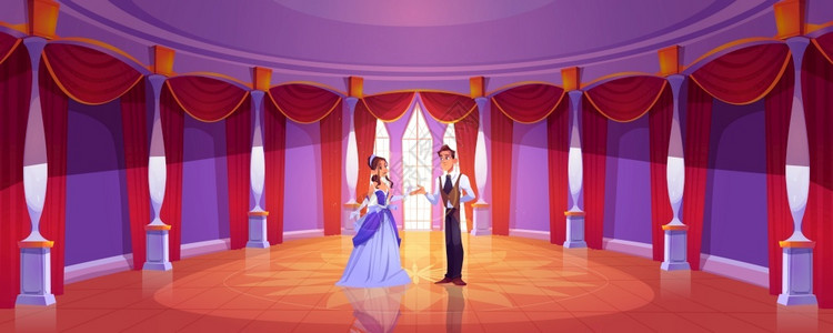 王子和公主在皇家城堡舞厅矢量卡通背景在巴洛克宫圆舞厅有夫妇柱子高窗和红色帘浪漫童话故事插图背景图片