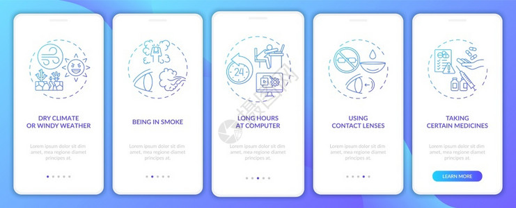 带概念的移动应用程序页面屏幕上的干眼病使用隐形眼镜或走过5步图形指示带有RGB颜色插图的UI矢量模板带概念的移动应用程序屏幕上的插画