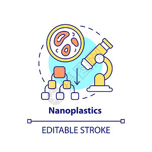 癌变的Nanoplastics概念图标生态理细线插图有害塑料污染显微镜下的塑料颗粒矢量孤立图示RGB彩色绘图可编辑的中风纳米学概念图标插画