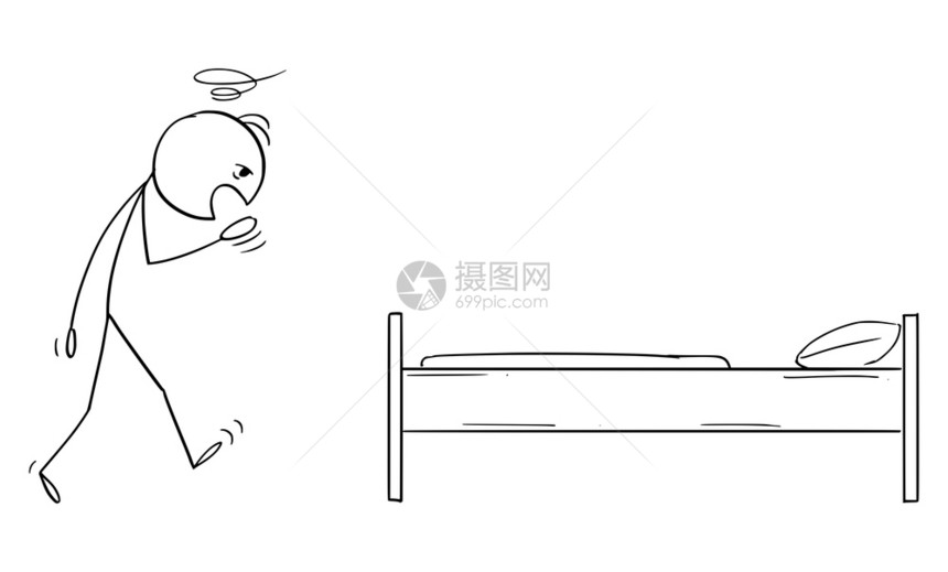 疲累的男人准备上床睡觉卡通矢量插画图片