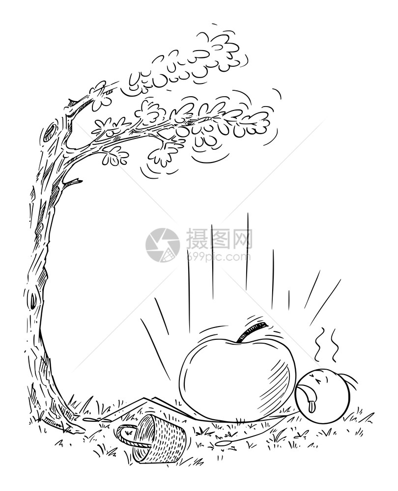 水果采摘者或集农民园丁被从树上掉下来的巨苹果击中矢量卡通棒图或字符说明农民水果采摘者或园丁被巨型苹果从树上掉落击中矢量卡通棒图一图片