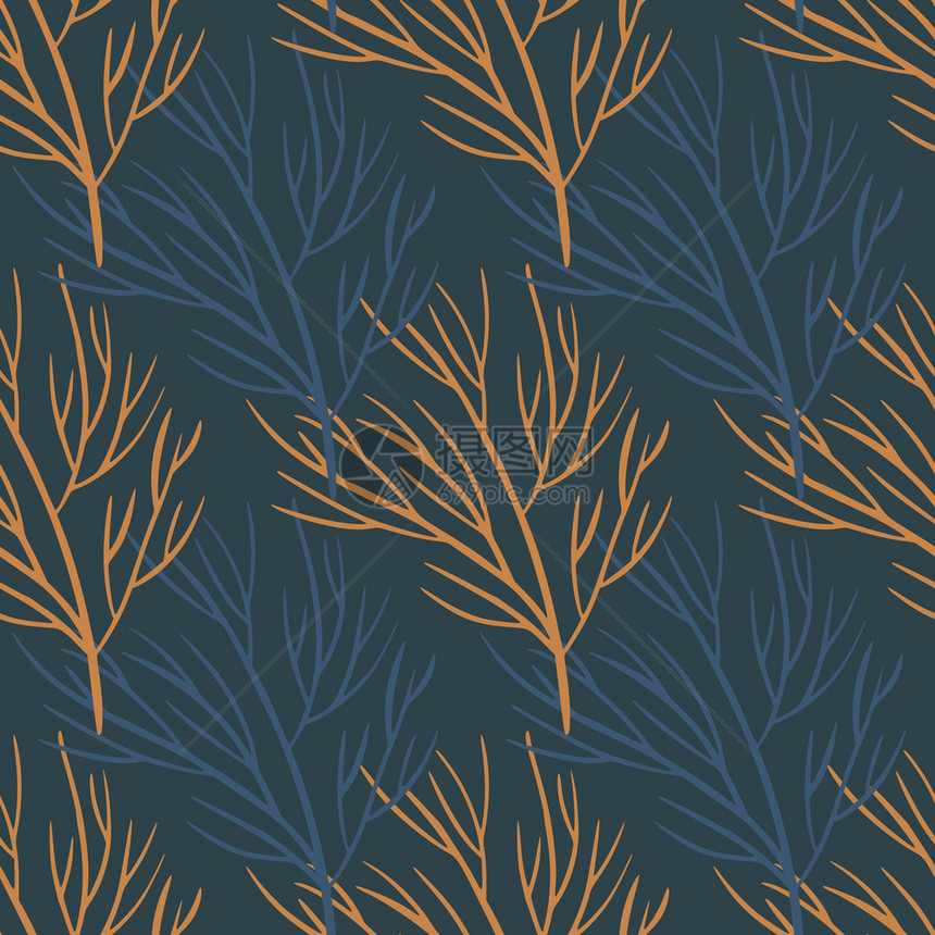 装饰无缝图案有蓝色和橙树枝打印海军蓝色背景简单样式适合布料设计纺织品印刷包装封面矢量图例简单样式图片