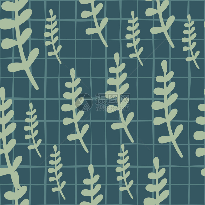 有创意的叶子无缝图案配有随机绿叶树枝的无缝图案会形成印刷品海军蓝宝石背景用于布料设计纺织品印刷包装封面矢量插图的回滴有创意叶子无图片