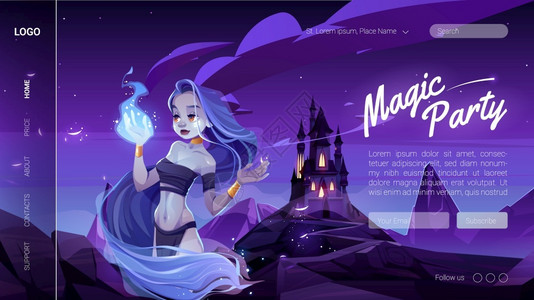与神秘女孩一道的魔术横幅在夜间森林中手持蓝火矢量着陆页配有木屋和童话或长头发的精灵女人风景漫画夜间森林中神秘女孩的魔术横幅背景图片