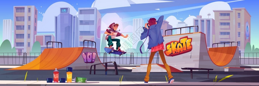 公园滑板男孩在管道坡上表演滑板跳特技极端体育青年城市文化和少年街头活动卡通矢量图摄影师在城市滑板公园向青少年插画